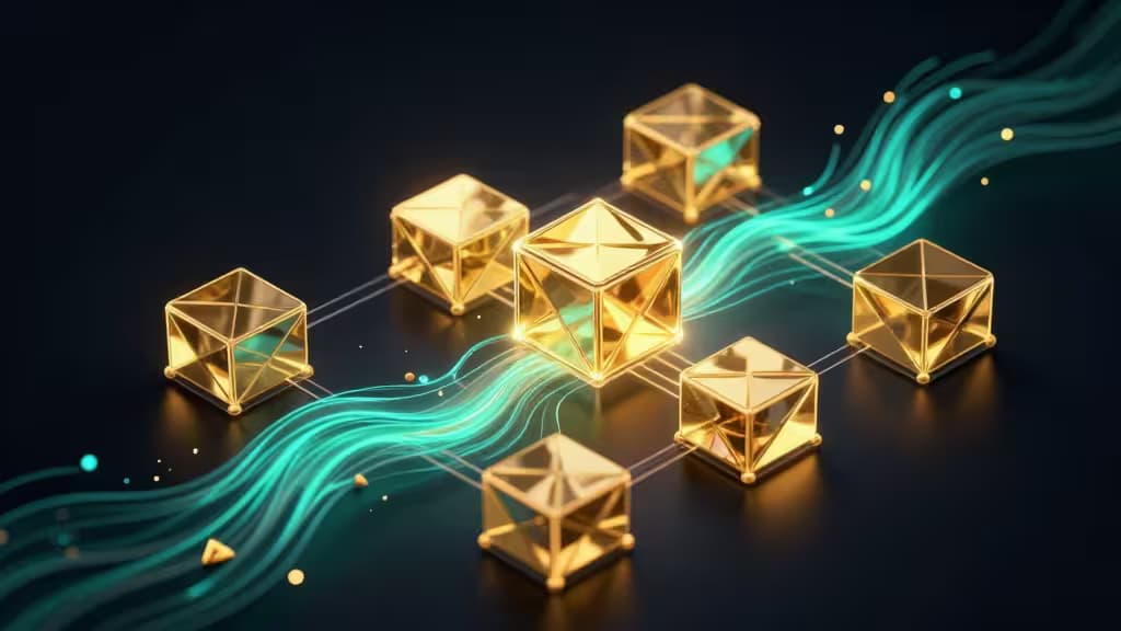 Cubes dorés translucides reliés par des flux de données teal lumineux sur fond sombre, symbolisant les réseaux de yield du liquid staking Solana.