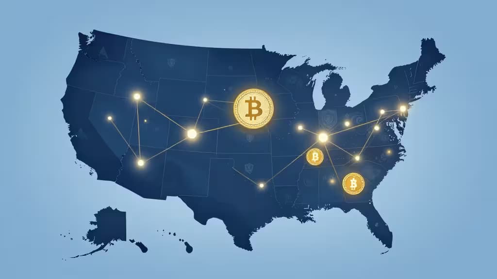 Glowing Bitcoin coins and network lines overlay a dark blue US map, symbolizing digital currency connectivity across American states.