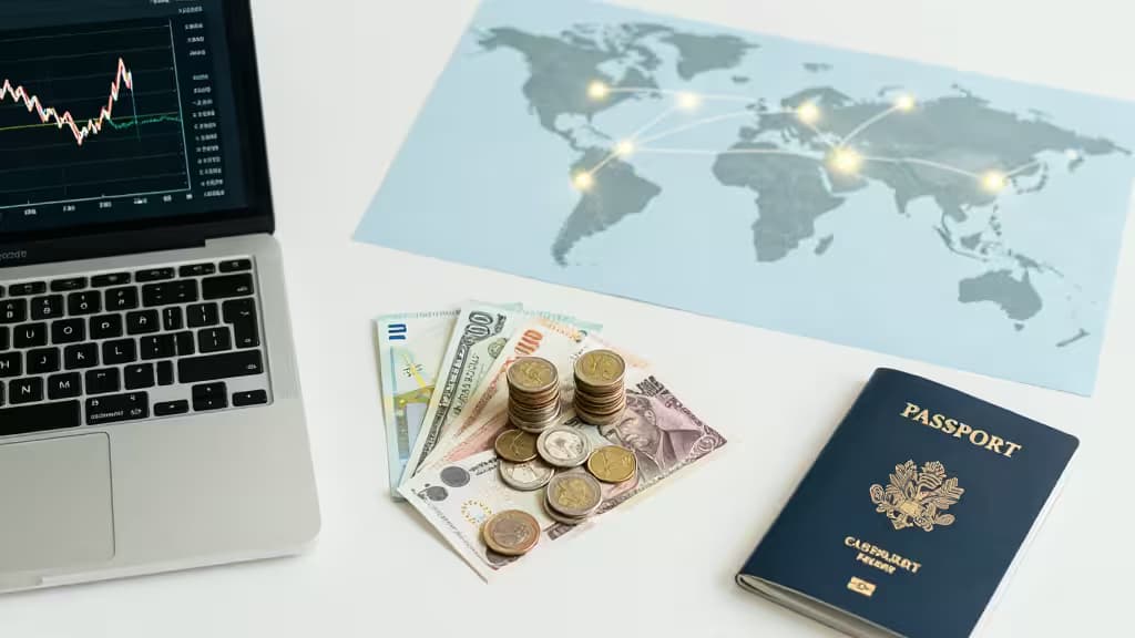 Portátil con gráficos financieros junto a un mapa mundial, billetes y monedas internacionales, simbolizando soluciones fintech globales para startups.
