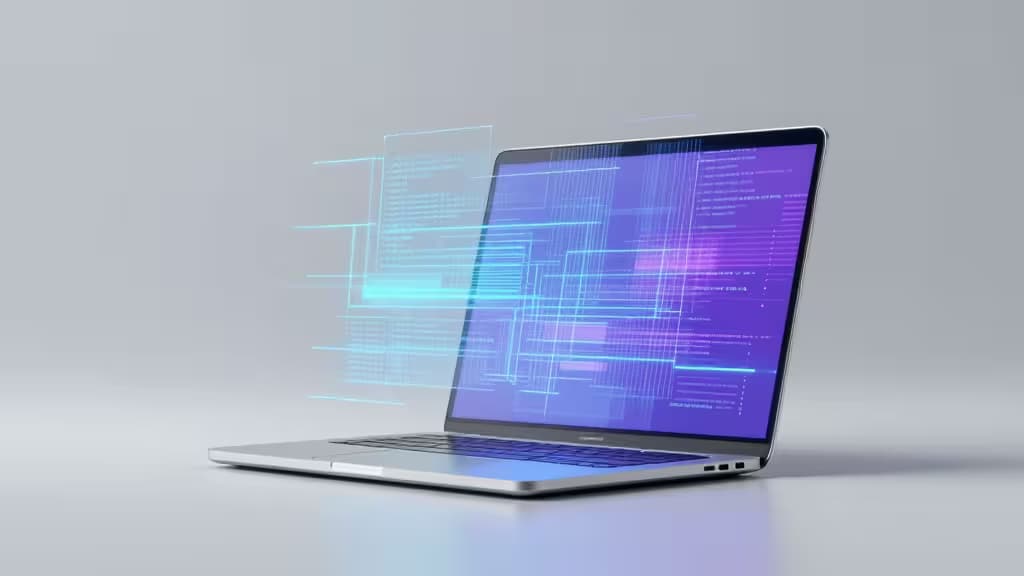 Um laptop elegante exibe linhas de código azuis brilhantes, simbolizando assistentes de IA para codificação em um espaço de trabalho moderno.