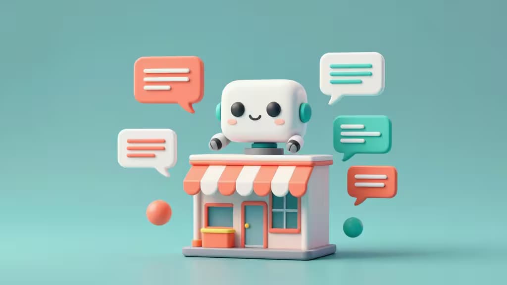 Un simpático robot blanco con cara sonriente se sienta sobre una tienda en miniatura en tonos pastel, rodeado de burbujas de diálogo en coral y turquesa.