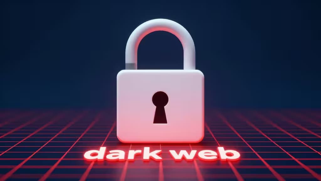 Padlock digitale su sfondo blu scuro con griglia rossa del dark web, rappresentazione della sicurezza informatica e del monitoraggio delle credenziali rubate.