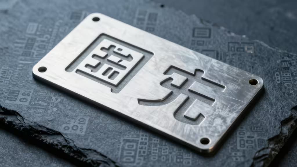 Titanium metal plate with engraved characters on dark slate, surrounded by QR code patterns in cool blue tones