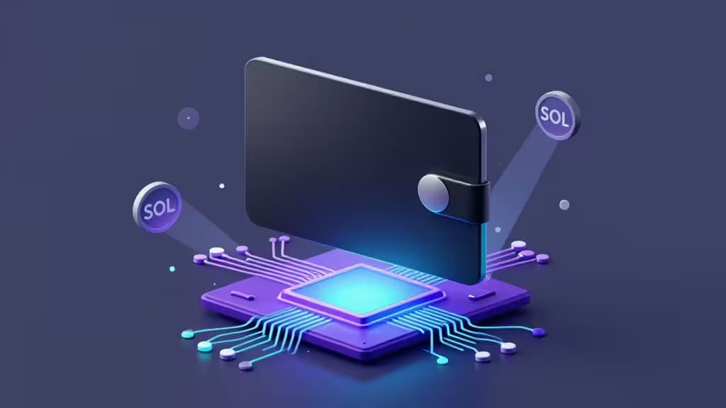 A sleek black Solana wallet hovers above a glowing purple circuit board, with floating SOL tokens symbolizing staking and token management.