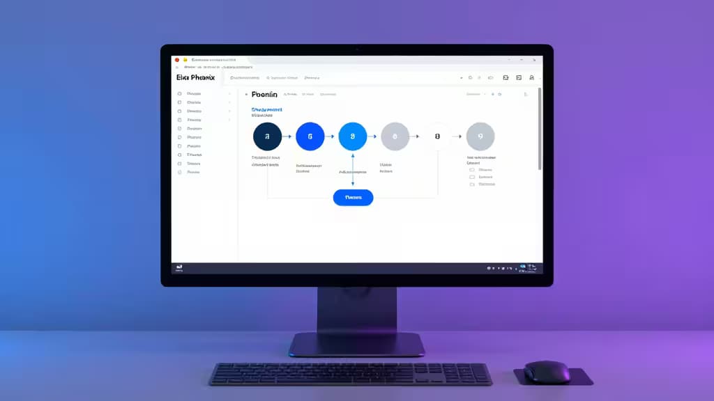 Um monitor elegante exibe um diagrama de pipeline CI/CD do Elixir Phoenix, com fundo gradiente vibrante em tons de roxo e azul.