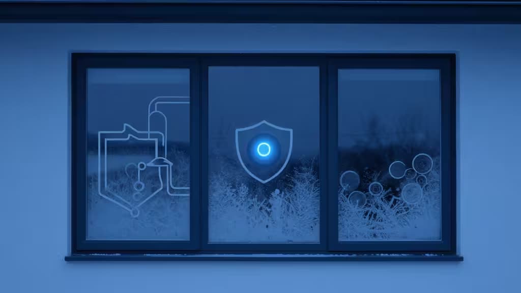 Frosted window displays glowing blue shield icon, symbolizing smart freeze protection for pipes against winter ice.