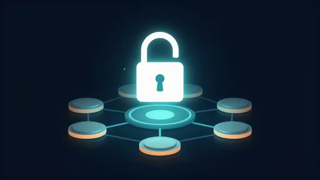 Illustration abstraite d'un cadenas lumineux flottant au-dessus de nœuds de conteneurs interconnectés, symbolisant la gestion des secrets Kubernetes
