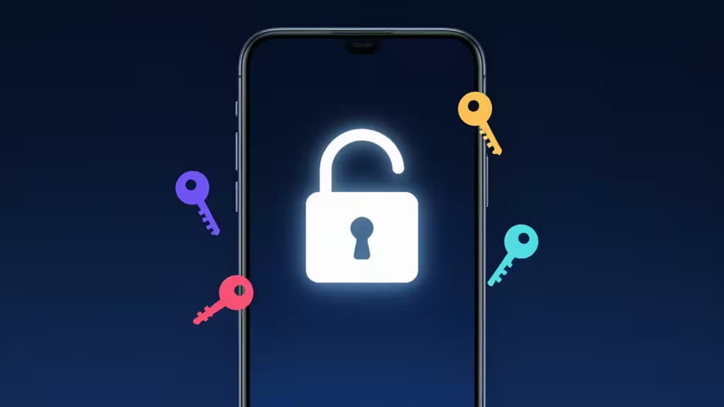 Smartphone displays glowing unlocked padlock, surrounded by colorful keys, symbolizing secure password management.