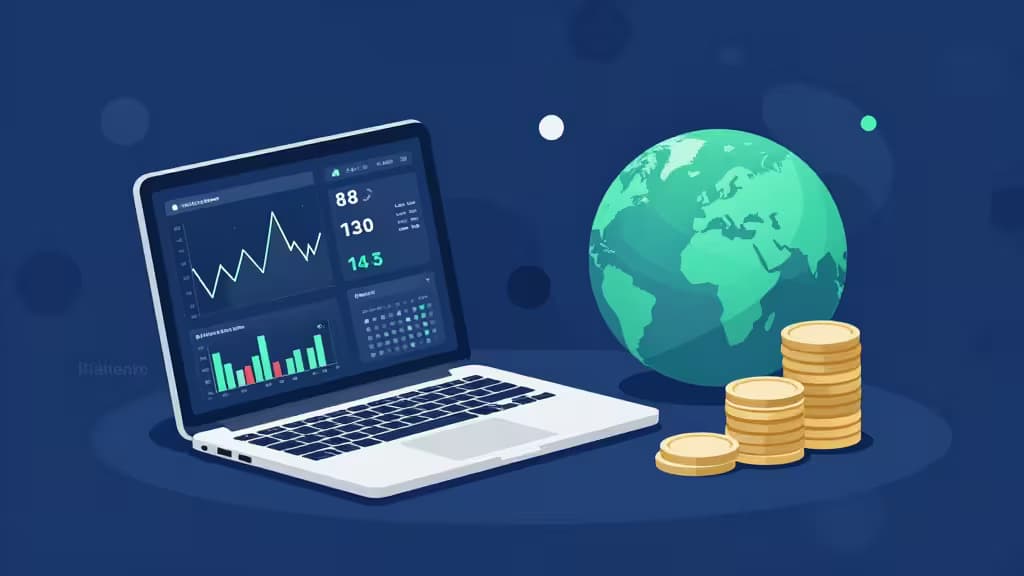 Composition abstraite représentant la banque business moderne avec un ordinateur portable, des pièces et un globe symbolisant les transactions internationales