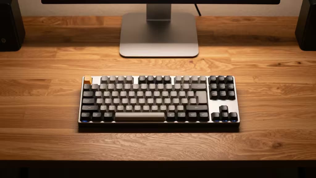 Low-profile mechanical keyboard with mixed keycaps rests on warm wood desk beneath monitor stand.