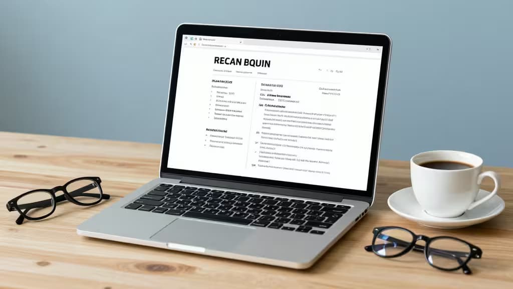 Silver laptop displays a resume on a wooden desk beside coffee and glasses.