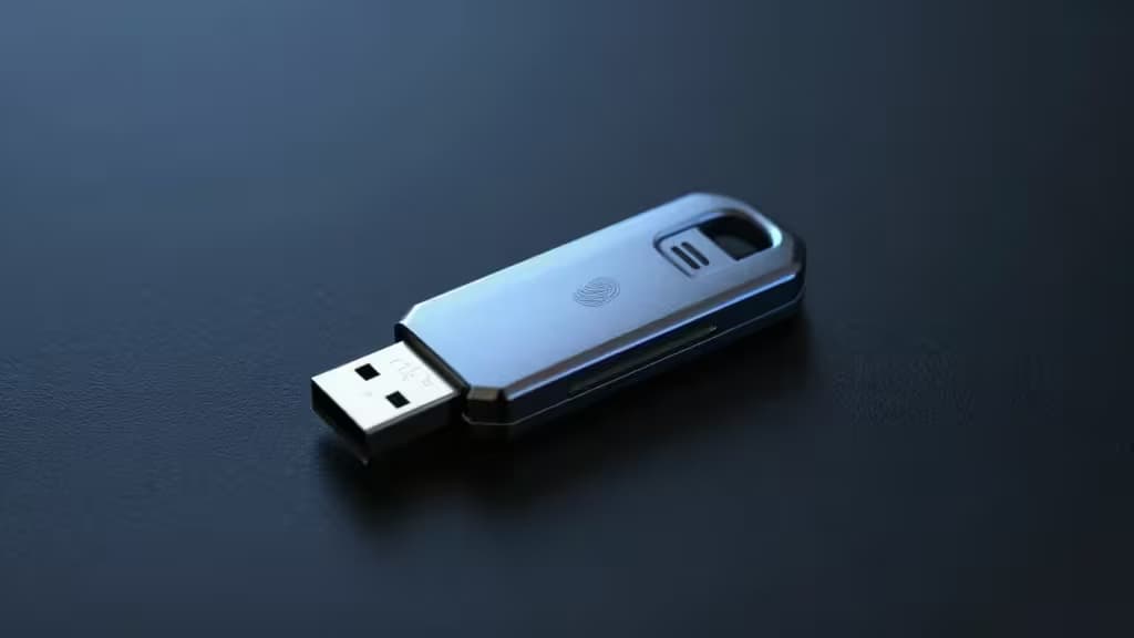 Clé de sécurité USB FIDO2 posée sur une surface sombre avec un éclairage bleu, illustrant l'authentification matérielle résistante au phishing pour passkeys.
