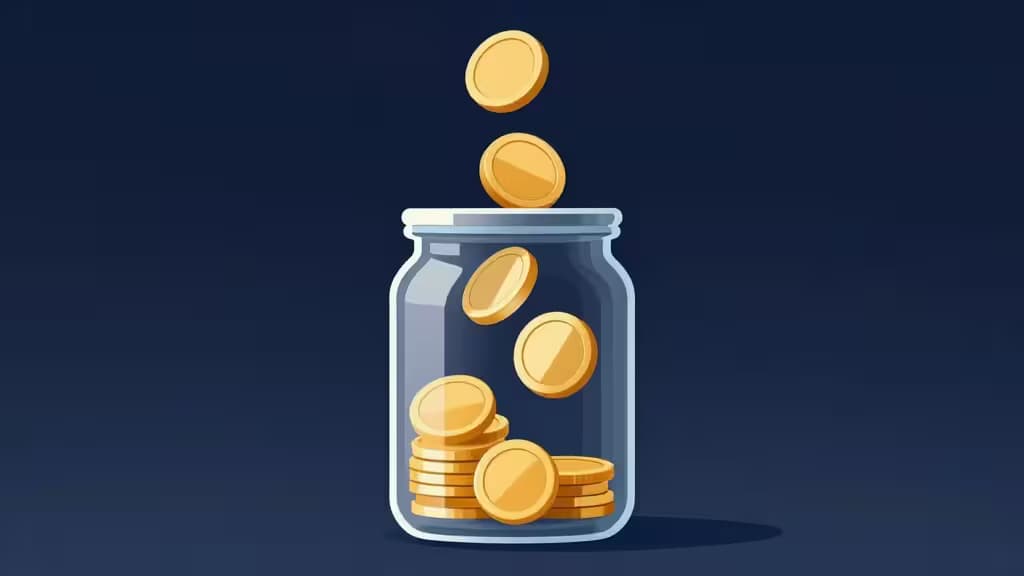 Des pièces dorées tombent dans un bocal en verre transparent, symbolisant les investissements crypto automatisés via le dollar-cost averaging.