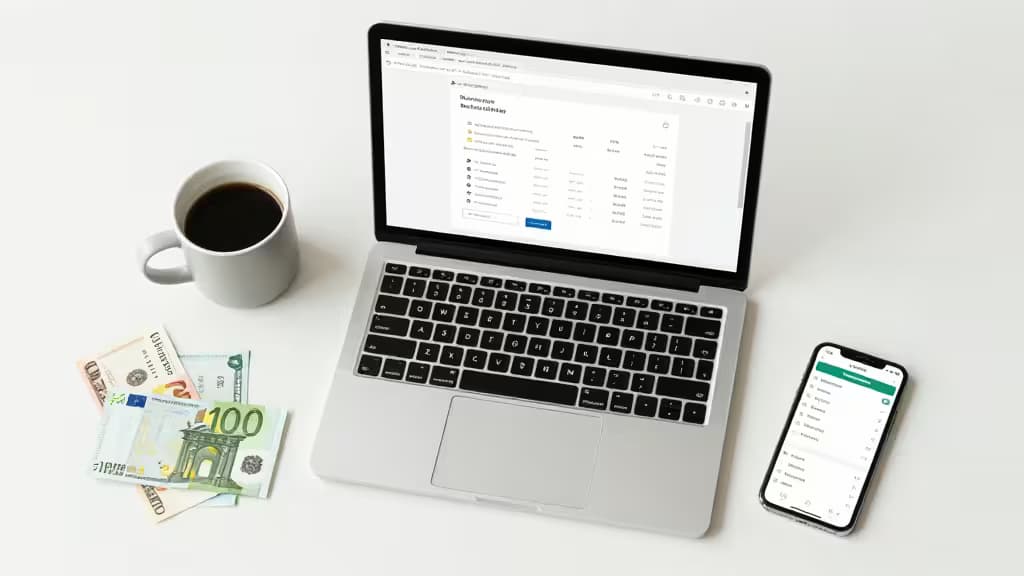 Laptop displaying banking dashboard, smartphone showing app, coffee mug, and Euro banknotes arranged on white surface.