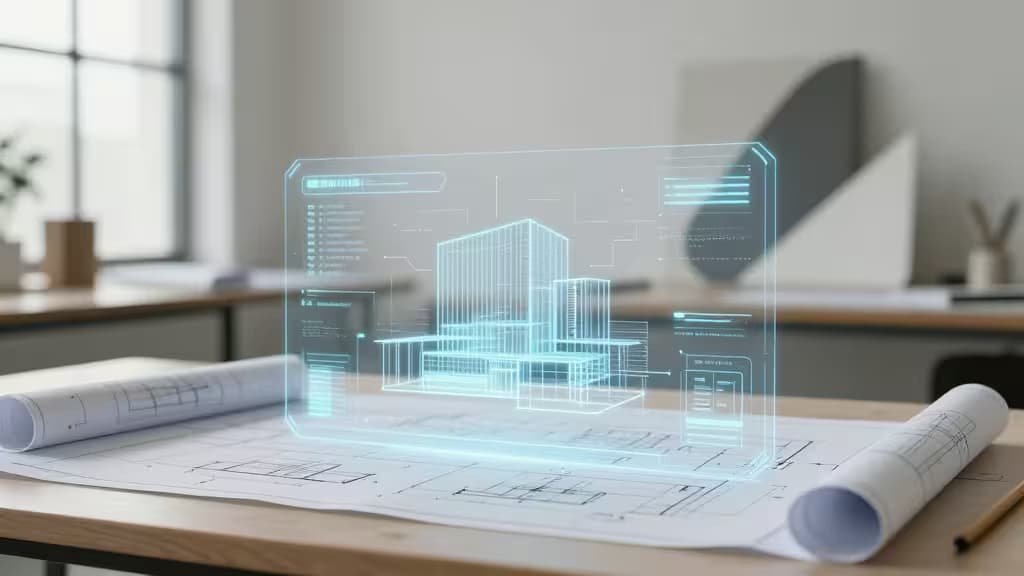 Holografische blauwdrukken zweven boven uitgerolde papiertekeningen op een houten bureau in een zonnige studio.