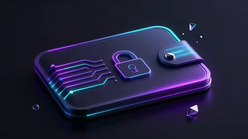 Abstract dark surface with glowing purple and teal light trails forming circuit patterns and a subtle padlock motif, representing Solana wallet security and speed.