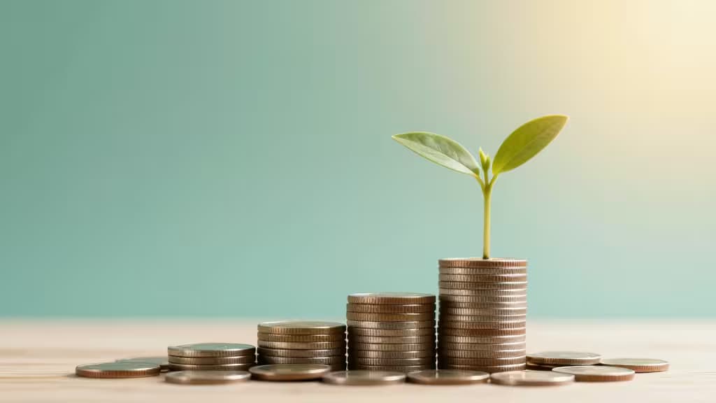 Een groene scheut groeit uit een stapel gouden munten, symbool voor financiële groei, tegen een zachte tealgele achtergrond.