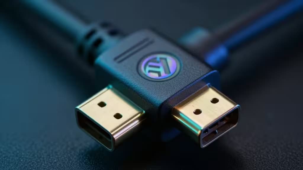 Conector HDMI 2.1 con acabado dorado y logo iridiscente sobre carcasa negra, en ángulo contra superficie oscura texturada.
