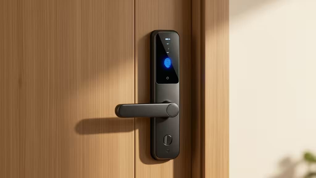 Cerradura inteligente moderna en una puerta de madera con escáner de huella dactilar iluminado en azul