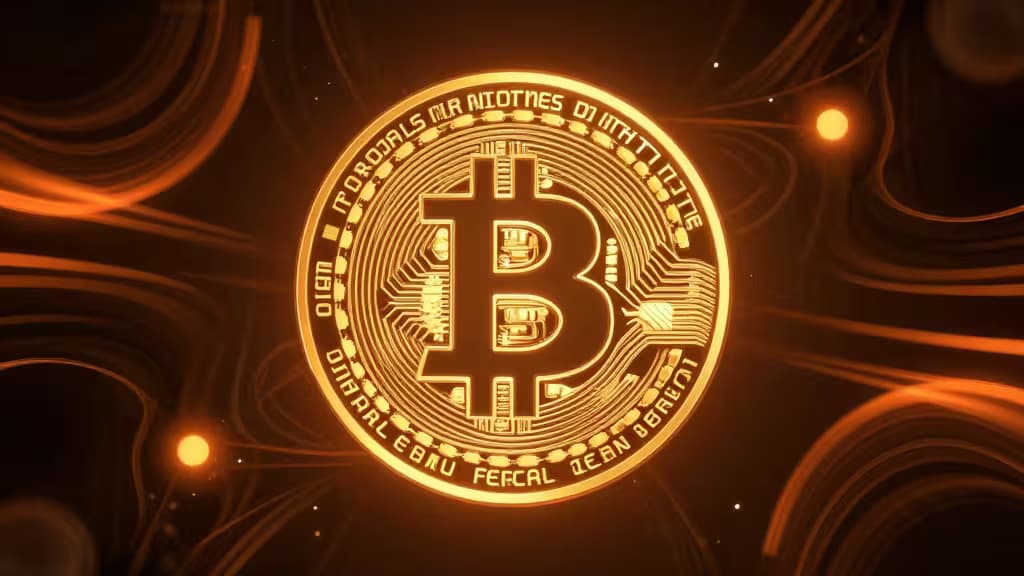 Glowing Bitcoin coin with circuit patterns, set against swirling orange light trails.