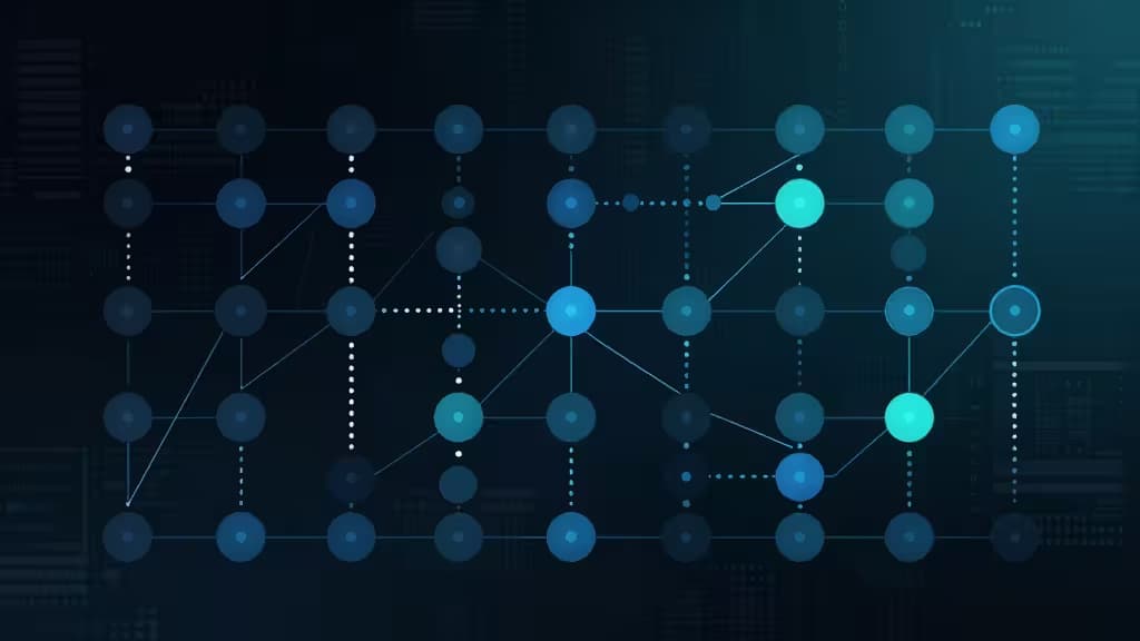 Visualização abstracta de pipelines de dados com grafos acíclicos dirigidos e nós interligados num ambiente técnico com iluminação azul e teal.