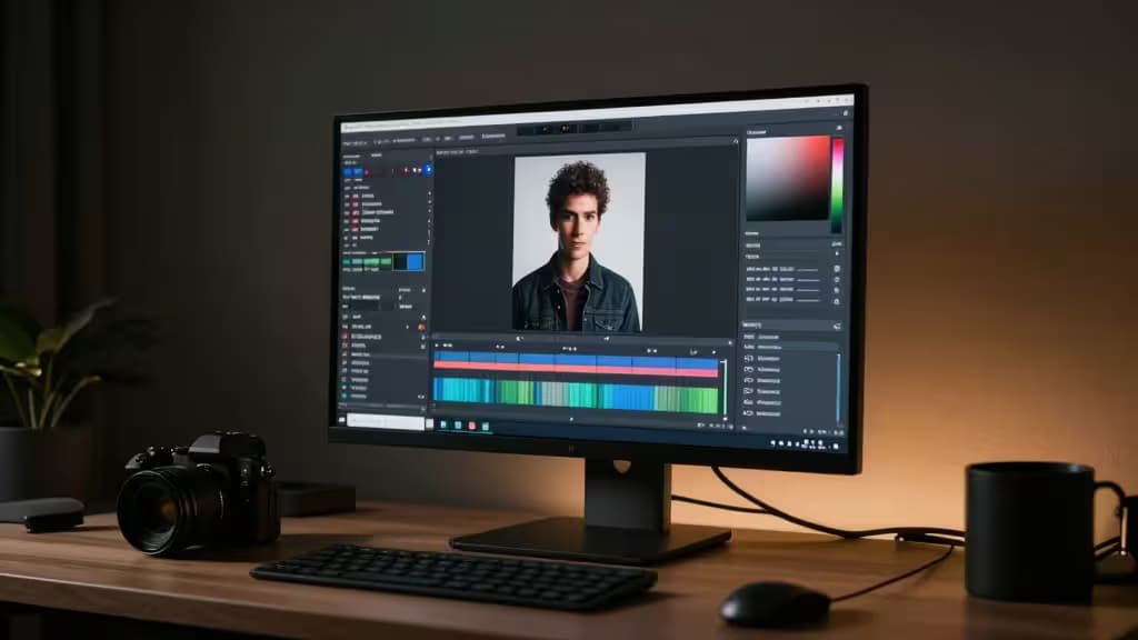 A sleek monitor displays AI retouching software with a portrait, flanked by a camera, keyboard, and mug on a warm-lit wooden desk.