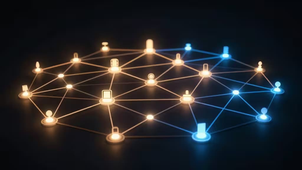 Red de nodos interconectados formando una malla de domótica inteligente con hilos de luz ámbar y azul sobre fondo oscuro