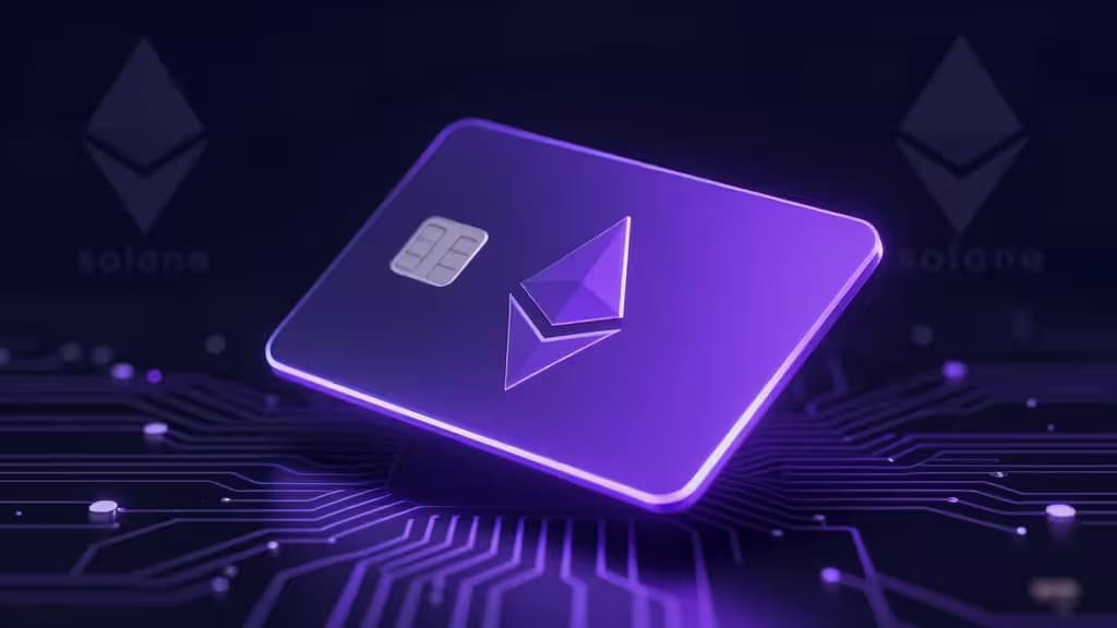 Glowing purple Solana card rests on circuit board, flanked by faint Ethereum logos, symbolizing multi-chain meme coin wallet readiness.