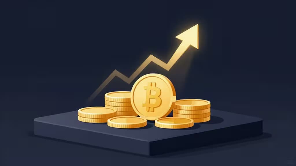 Złote monety kryptowalutowe ułożone w stosy na ciemnej platformie ze świecącymi strzałkami wskazującymi w górę, symbolizującymi zyski ze stakingu