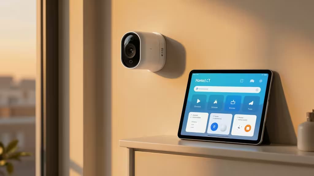 Weiße Überwachungskamera an der Hauswand neben einem Tablet mit HomeKit-Oberfläche, warmes Abendlicht.