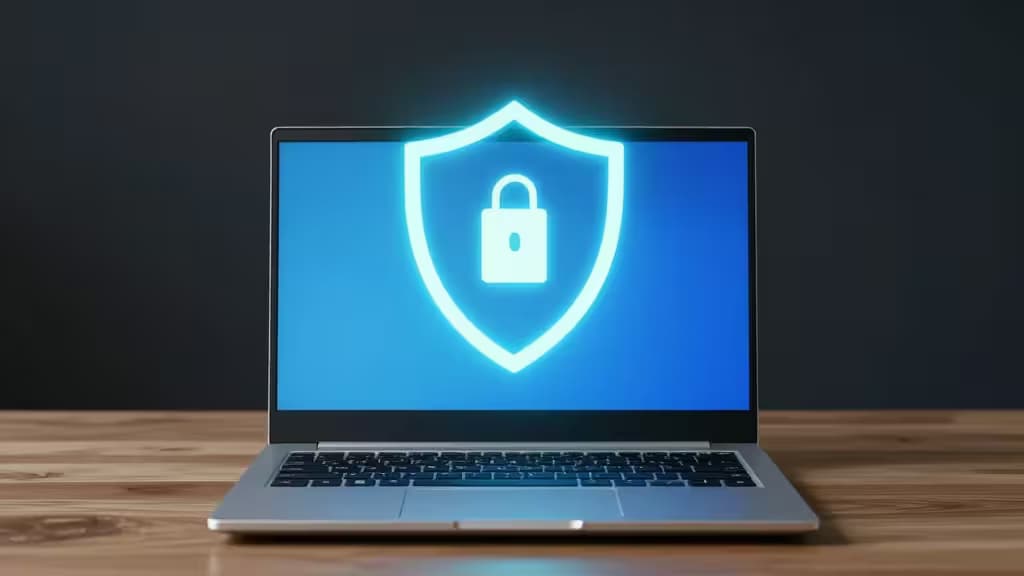 Laptop mit leuchtendem Schild-Symbol auf Holzplatte, symbolisiert VPN-Sicherheit für Windows 11.