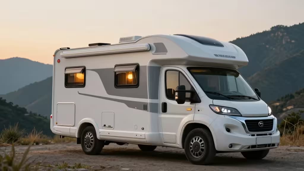 Motorhome estacionado num cenário de montanha ao pôr do sol, com iluminação ambiente quente e dispositivos de casa inteligente visíveis pelas janelas.