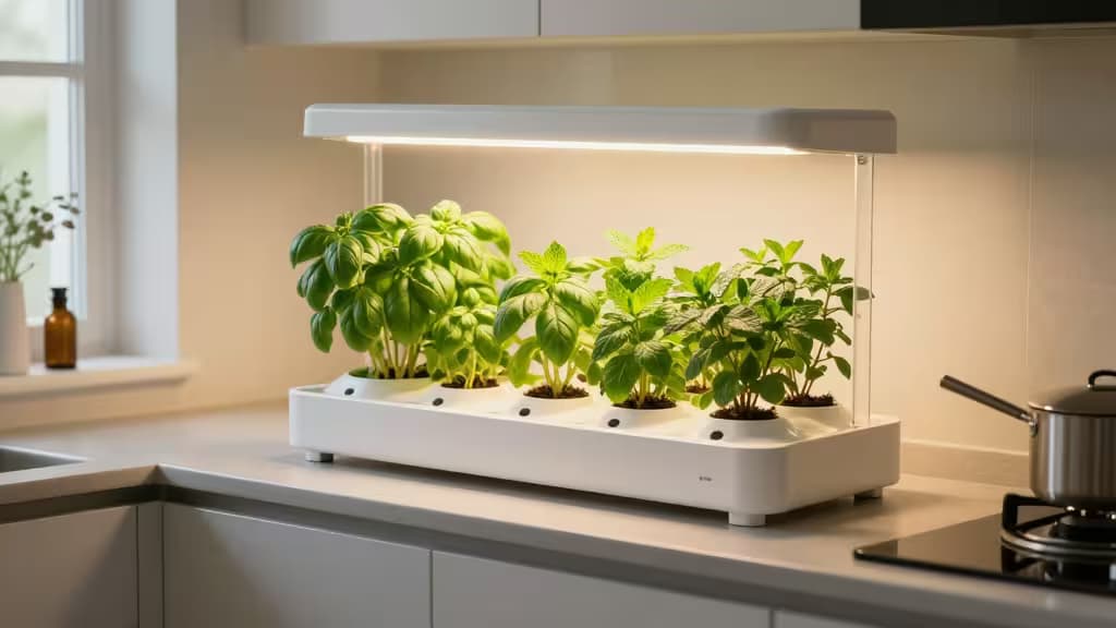 White hydroponic herb garden with LED lights grows fresh basil and mint on a modern kitchen counter.