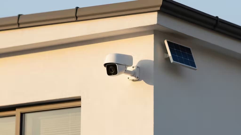 Cámara de seguridad solar de plástico blanco montada en pared de estuco claro, orientada hacia abajo junto al borde del tejado bajo cielo despejado.