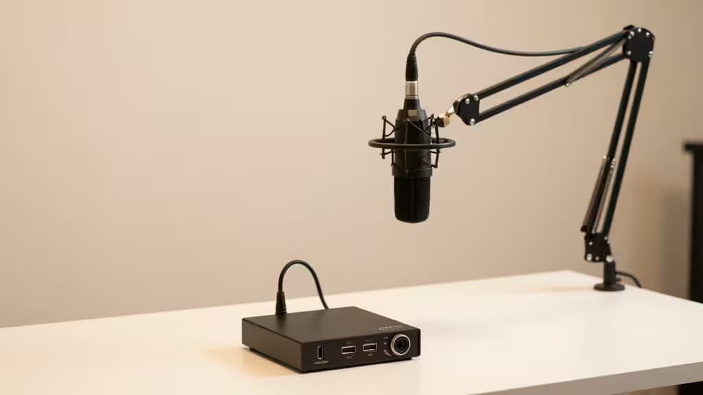 Interfaz de audio USB negra sobre escritorio blanco, conectada a micrófono XLR montado en brazo articulado negro ajustable.