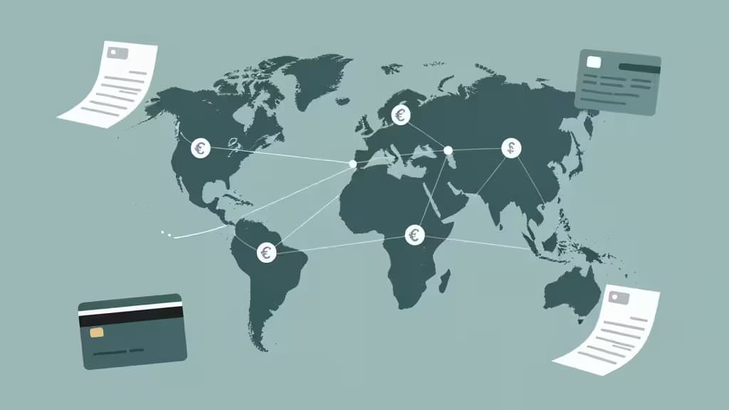 Abstract illustration of a globe with interconnected financial nodes and multi-currency symbols flowing across borders, representing international expense management for remote teams.