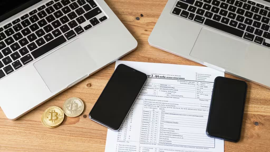 Laptop, Smartphone, Steuerformulare und Bitcoin-Münzen auf einem Holztisch.