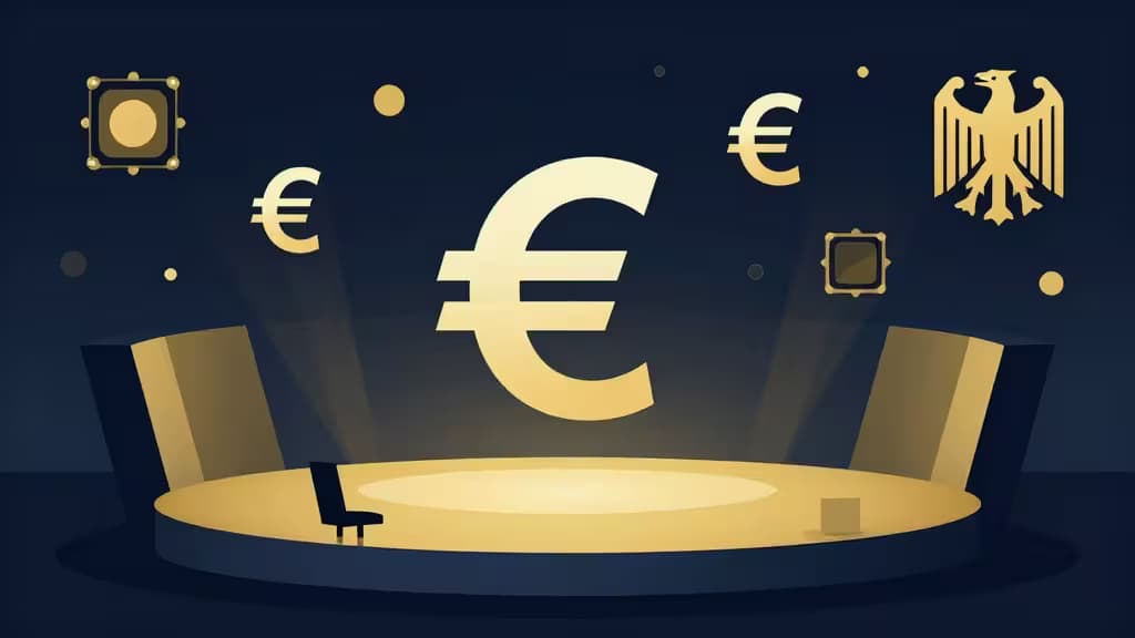 Een gouden Euro-symbool domineert een minimalistisch toneel, omringd door Duitse adelaar- en crypto-iconen, als symbool voor gereguleerde digitale-assethandel in Duitsland.