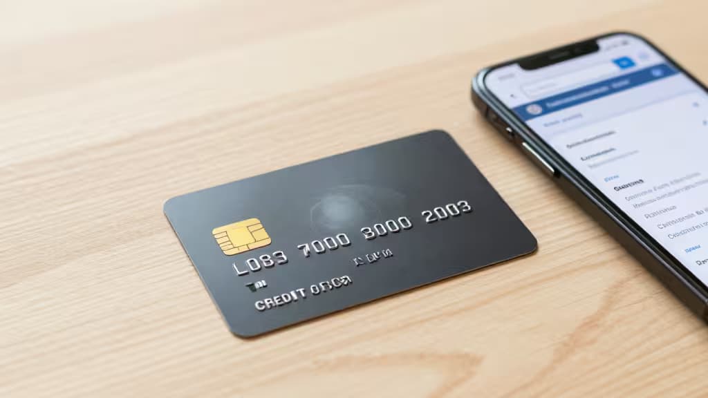 Black credit card and smartphone on wood surface, symbolizing digital finance for new users.