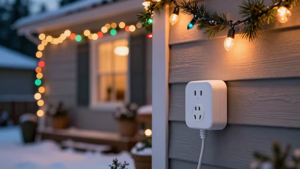 A white smart outdoor plug mounted on gray siding powers festive holiday lights.