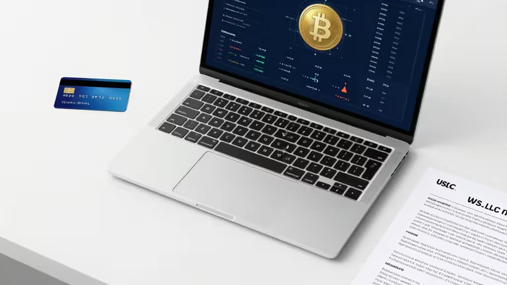 Laptop displays Bitcoin dashboard beside credit card and US LLC document on white desk.