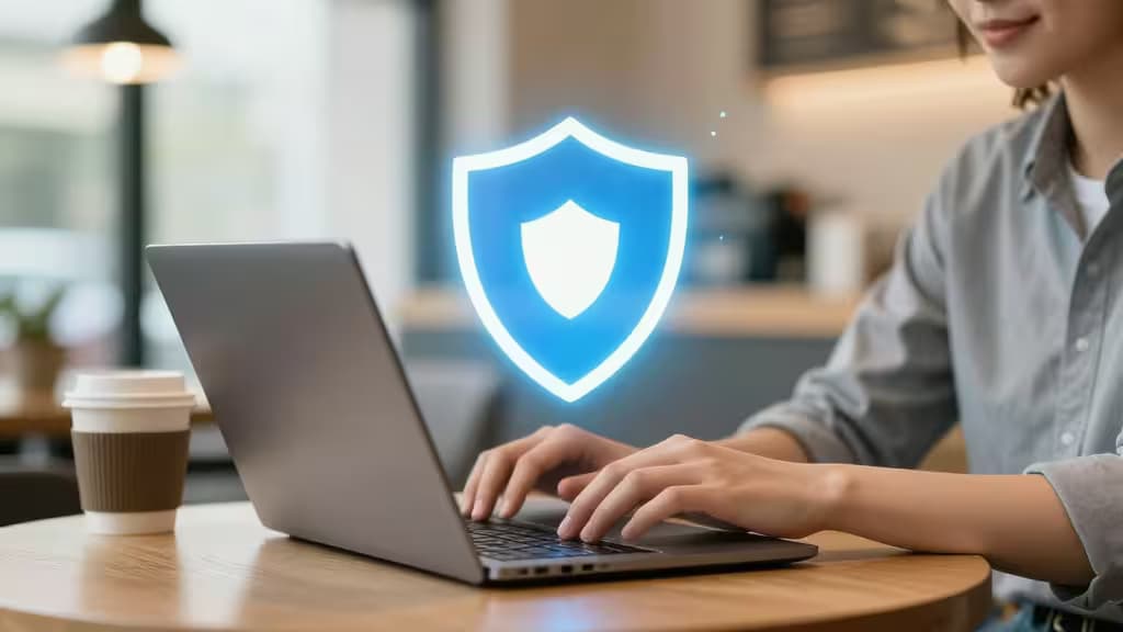 Freelancer types on laptop in coffee shop, blue digital shield hovers above, symbolizing secure VPN protection.