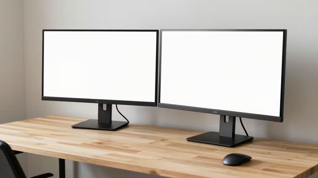 Dois monitores pretos em braços articulados ajustáveis sobre uma mesa de madeira clara com um mouse ao lado