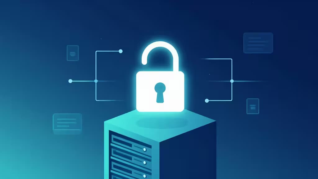 Glowing padlock atop server rack, connected by circuit lines on blue gradient background.