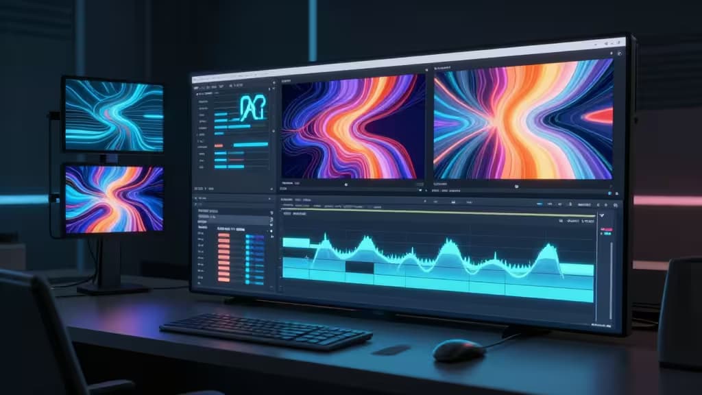 Una scrivania moderna con più monitor che mostrano interfacce di editing video AI, con OpusClip, Munch e Castmagic visibili sugli schermi.