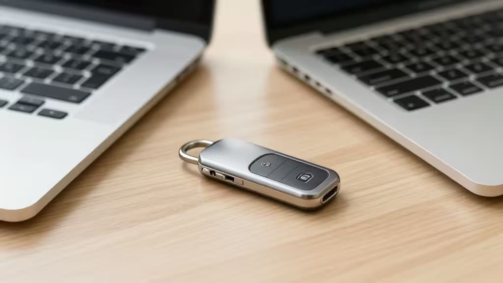 A sleek metal hardware security key rests between two laptops on a wooden desk.