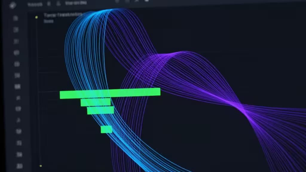A computer screen displays a vibrant, flowing data visualization with blue and purple lines and green bars.