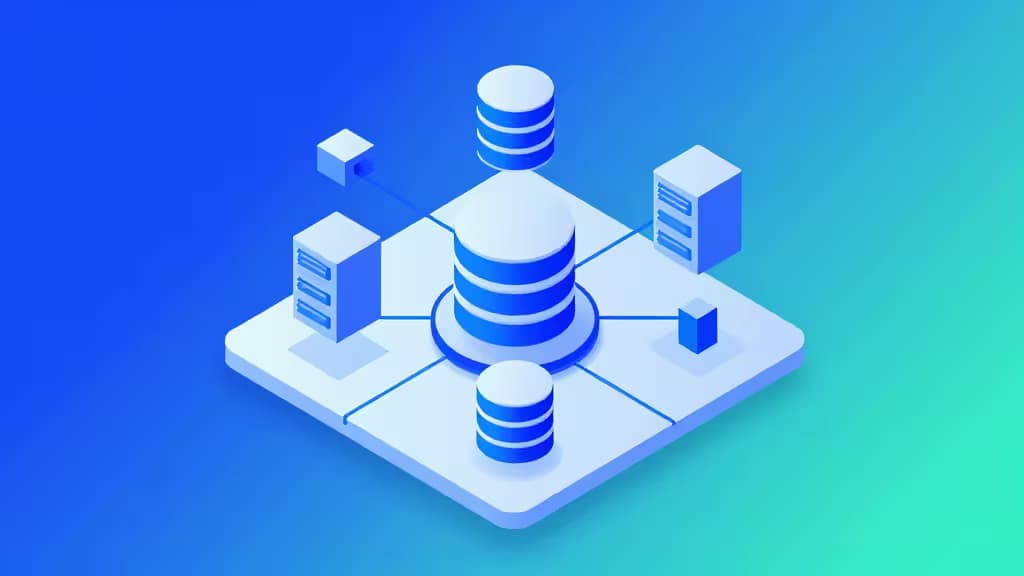 Abstrakte isometrische Illustration einer Cloud-Backend-Infrastruktur mit verbundenen Server-Knoten, Datenbank-Zylindern und API-Endpunkten auf einer Plattform in Blau-Teal-Farbverlauf