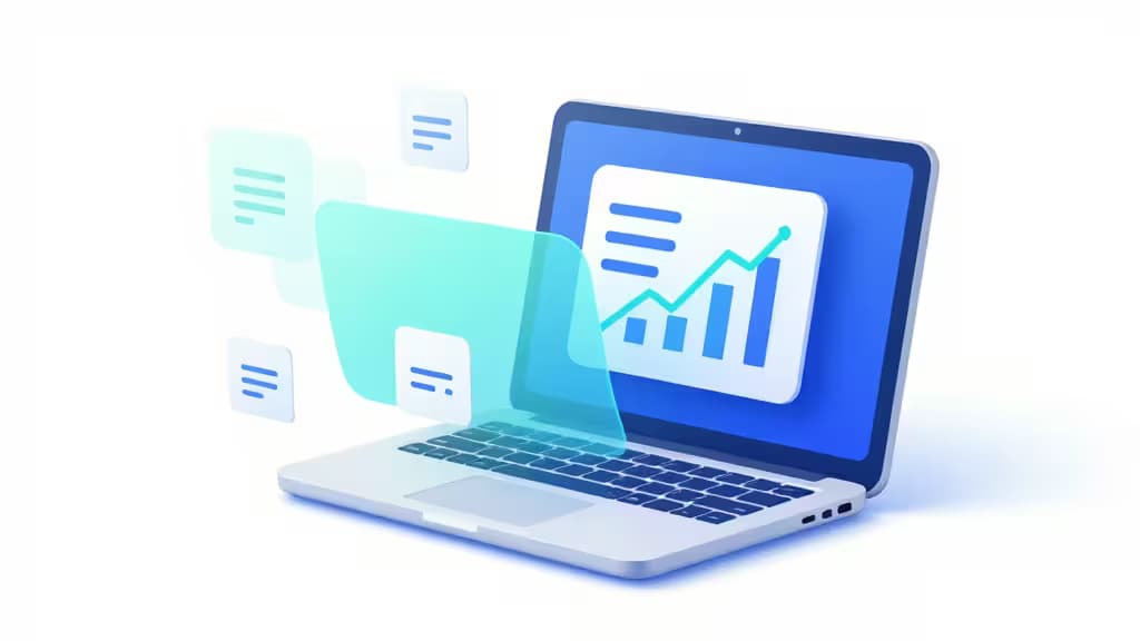 Ilustração abstrata de contabilidade com IA: laptop com gráficos financeiros flutuantes e etiquetas de categorização automática em tons de azul e teal.