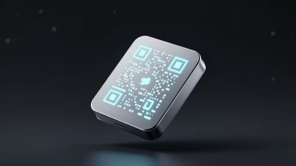 Sleek black hardware wallet displays glowing cyan QR code against dark background, symbolizing secure crypto asset management for 2026 airdrops.